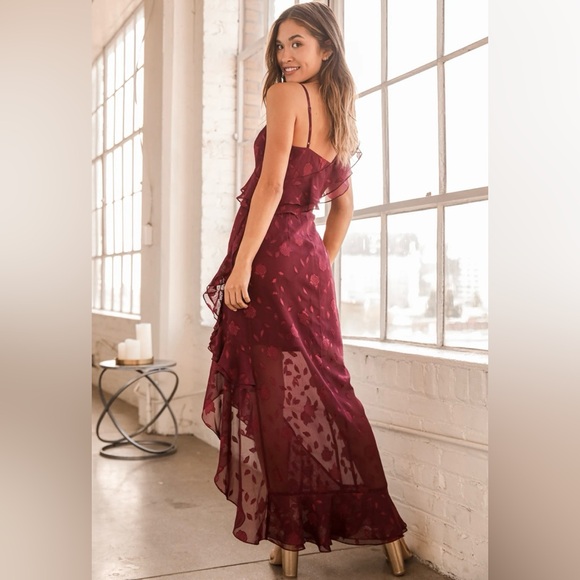 Lulus Burgundy Floral Jacquard Ruffled Maxi Dress - Picture 2 of 6